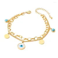 Link Bracelets 316L Stainless Steel Bracelet 2 Layer Blue Shell Eye Charm Hollow Chain For Women Fashion Fine Luxury Jewelry Gift