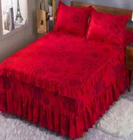 Treelayer spets bröllop röd mjuk säng kjol sommar bomullsäng täck kjol kung queen size med örngott 2 st 220525
