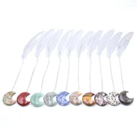 Pendanthalsband 6st Natural Moon Crystal Feather Charms Bokm￤rke Clear Quartz Gemstone Creative Page Holder Stationery Decor Gift