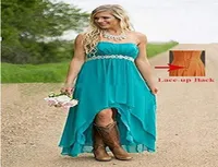 Leukste sweetheart dames039 strapless hoog lage landelijke stijl bruidsmeisje jurken trouwfeestjurken turquoise met crystal bea1343743