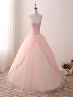 2018 New到着Real Po Sexy Vneck Crystal Lace Ball Gown Quinceanera Dress withアップリケスイート16ドレスVestido Debutante G4596688