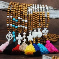 Pendant Necklaces Vintage Natural Round Wooden Bead Long Sweater Chain Necklace Handmade National Peace Cross Star Bohemian Tassel P Dh1Pn