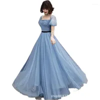 Casual Dresses Light Sky Blue Girl Chic Beads A Line Prom Gown Elegant Lace Sweep Train Formell slitage i lager