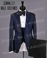 Elegant Wedding Suit Men 2018 Navy Blue Paisley Printed Tuxedo Groomsmen Groom Men Suits For Wedding Shawl Collar Mens suits