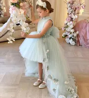 2023 Princess Sage Flower Girl Dresses High Neck Hand Made Flowers Gilrs Pageant Dress Hi-lo Little First Communion Dress Bow Tulle