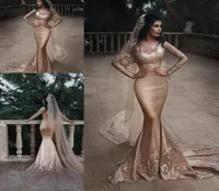 Chic Two Pieces Mermaid Wedding Dresses Lace Sheer Long Sleeves Bridal Gowns Sweep Train Dubai Arabic Vestidos Custom Made2445920