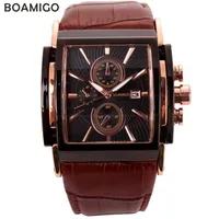 Boamigo Men Quartz Watches Large Dial Fashion Casual Sports Watches Rose Gold Sub Dials Clock Brown Leather Male Wrist Watches Y19307y