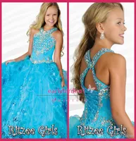 Aqua Blue Girls Pageant Dresses 2016 Holter with Beads Rhinestones Ruffles Organza Floor Length Ball Gowns Child Pageant Party Gow3096015