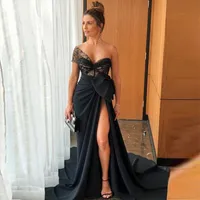 Elegant Illusion Black Evening Dresses Bow Satin Long Prom Dress With Train Side Split Special Occasion Dresses