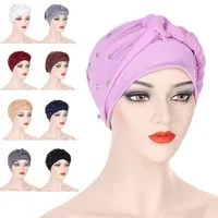 Muslim Women Hijab Hat Cancer Chemo Cap Braid Rhinestone Turban Headscarf Islamic Head Wrap Lady Beanie Bonnet Hair Loss Cover