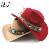 Wide Brim Hats Bucket Fashion Women's Wool Hollow Western Cowboy Tassel Belt Elegant Lady Jazz Cowgirl Toca Sombrero Cap Size 56-58CM 221124