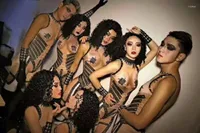 Women's Jumpsuits Women's & Rompers Men Black Rhinestones Mesh Sexy Nude Jumpsuit Female Male Singer Dj Bodysuit Nightclub Women's