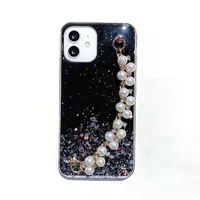 Bling Glitter Sequins Dropping Glue Soft TPU Cases For Samsung Note 20 Ultra S21 FE S20 Plus A22 4G 5G A82 Confetti Diamond Wrist Chian Strap Pearl Bracelet Foil Cover