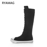 Dress Shoes Ryamag Women&#039;s Canvas Boots Long Zip Flats Platform High Top LaceUp Zipper Comfortable Vulcanize Sneakers 221123