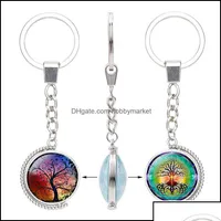 Keychains Lanyards Keychains Fashion Aessories Tree Of Life Double Sided Rotable Glass Cabochon Time Gemstone Key Chain Sier Metal Dhm1B