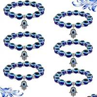 Beaded Fashion Sier Color Strand Bracelet Evil Blue Eye Hamsa Hand Fatima Palm Bracelets For Women Beads Chain Vintage Jewelry Femal Dhmyw