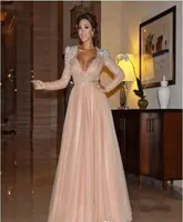 2016 Myriam Fares Champagne Pink Luxury Prom Dress a Line Sheer Tulle v Neck Bling Beaded Crystal Long Sleeve Evening Gowns8861333