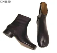 Botas mulheres dividem o dedo do p￩ ninja tabi botas de tornozelo redondo saltos redondos de 35 cm de calcanhar m￩dio mm6 Lady Leather Sapatos de couro Woman Boot Brand Design Bo1174889
