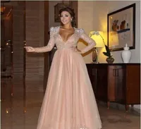2016 Myriam Fares Champagne Pink Luxury Prom Dress a Line Sheer Tulle v Neck Bling Beaded Crystal Long Sleeve Evening Gowns7174486