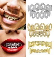 18K 골드 힙합 Full Diamond Hollow Teeth Grillz Dental Iced Out Fang Grills Braces Tooth Vampire Cosplay Rapper Jewelry Whol8658223