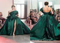 Elie Saab 2020 Dark Green Evening Dresses 어깨 아랍어 Kaftan High Split Split Formal Women Prom Gowns vestidos de novia6930551