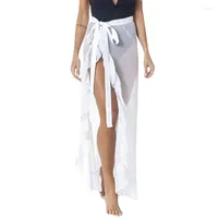 Skirts Women Swimsuit Cover Solid Color See-Through Tied High-Waist Split Skirt Beachwear For Girls Black/White