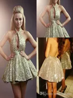 2016 Sexy Gold Halter Backless Short Homecoming Dresses Gliter Sequins Mini Short Cheap Prom Party Gowns Cocktail Dresses6485583