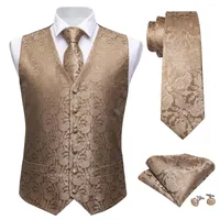Men&#039;s Vests Waistcoat Handkerchief Tie Suit Vest Pocket Square Set Barry.wang Classic Camel Floral Jacquard Designer Folral Silk