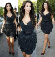 Kim Kardashian Black Ostrich Feather Cocktail Dresses 여성 형식 무도회 드레스 이브닝 마모 무릎 길이 로브 드 SOIREE8348628
