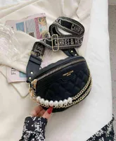 Luxury pearl Beading Chain Waist Bags For Women Diamond Lattice PU Fanny Pack Female Stylish Wide Strap Crossbody Bag 2205279049440