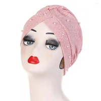 Scarves 2022 Cotton Solid Color Turban Hijabs With Crossed Forehead Beads And Gold Folds Hooded Hat Muslim Bottom Cap