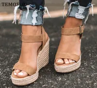 منصة Temofon Peep Toe High Wedges Sandals Black Heels Summer Women Large Roman Dress Shoes HVT907 Q12172463772