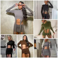 Women Two Piece Dress Designer Sexy Fashion 2022 Autumn New Hole Long Sleeve Top Fit Short Skirt Sets 4 Colours