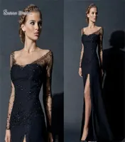 2021 Black High Split Sheath Evening Dresses Long Sleeves Lace Sequines Evening Gowns Celebrity Party Prom Dress2362872