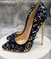 Tikicup Blue Bling Squin Sexy Stiletto Chic Pumps Ladies Party Wedding Shoes 2201146147709에 뾰족한 발가락 슬립