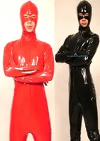 Unisex Red and Black Shiny PVC Tights Catsuit Costumes Sexy Women Men Pvc Bodysuit Costume Outfit With Open EyesMouth Halloween P7141840
