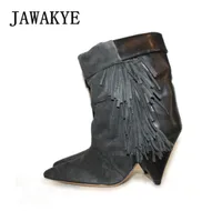 Jawakye Bottins de la cheville gris noir pour femmes Bottes de talon haut en daim d'automne hiver botas à franges Mujer chaussures de coin femme 209690983