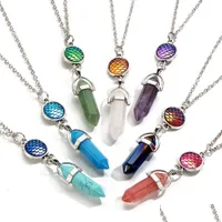 Pendant Necklaces Hexagonal Column Natural Stone Pendant With Fish Scale Chakra Necklace Crystal Quartz Charms Sier Chain Co Dhgarden Dhewn