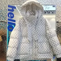 여자 다운 파카스 유럽 스테이션 바둑판 다운 재킷 여자의 짧은 후드가있는 느슨한 두꺼운 흰 오리 트렌드 221125