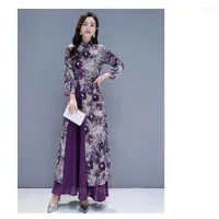 Ethnic Clothing Vietnam Ao Dai Dress For Women Chinese Tradition Cheongsam Qipao Plus Size Purple Floral Print Slim Style Elegant Wedding