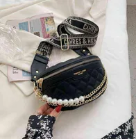 Luxury pearl Beading Chain Waist Bags For Women Diamond Lattice PU Fanny Pack Female Stylish Wide Strap Crossbody Bag 2205272782301