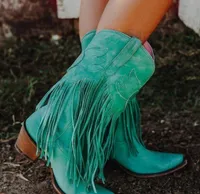 Cowboy Boots Shoes For Women Tassel Chunky Heels Pointed Toe Green Red Western Boots Fashion Slipon Wedge Boots Female 2207255188544