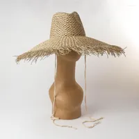 Wide Brim Hats 2022 Womens Visor Hollow Design Edging With Straps Big Eaves Seaweed Straw Hat Beautiful Summer