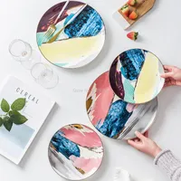 Plates 1PCS Dinnerware Painting Gold Inlay Colorful Cloud 8  10 Inch Ceramic Plate Dinner Porcelain Cake Snack Dessert