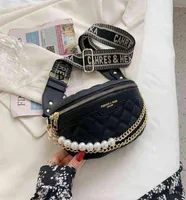 Luxury pearl Beading Chain Waist Bags For Women Diamond Lattice PU Fanny Pack Female Stylish Wide Strap Crossbody Bag 2205274325465