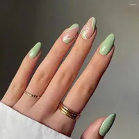 False Nails Green Round Head Fake With Designs Cute Short Oval Set Press On French Simple Nail Tips DIY Manicure
