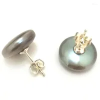 Stud-oorbellen 13-15 mm Silver Gray Natural Button Pearl 925 Sterling Earring