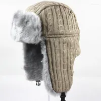 Berets HT2107 Bomber Hat Thick Warm Men Women Winter Ear Protect Snow Ski Trapper Cap Knitted Russian Unisex Ushanka Fur