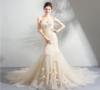 Prawdziwa POS Elegancka ukochana haftowane syrenki sukienki ślubne z 30d kwiat plus długi brautkleider koronkowy suknia ślubna
