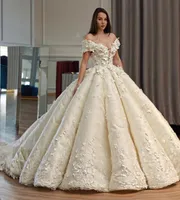 Gorgeous 3DFloral Appliques Flower Wedding Dresses OfftheShoulder Ruffle Ball Gown Sheer Neck LaceUp Bridal Gown Short Sleeve 5860142